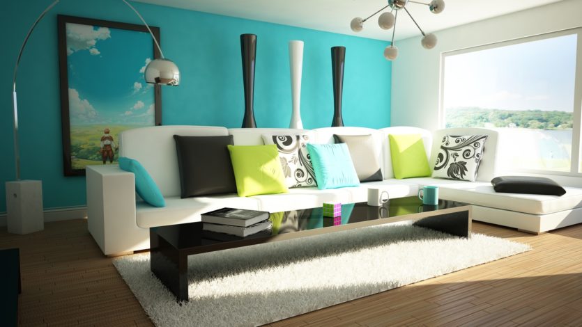 Design bright and cozy living room with blue wallpaper design slim