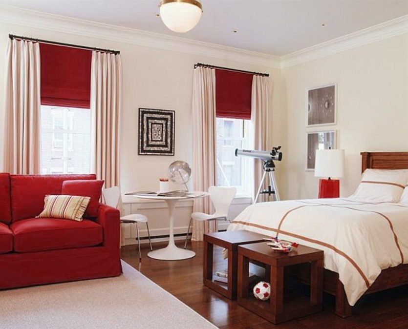 kids room white bedroom wall with red valance and white curtains also glass windows combined by brown wooden bed with white bedding bed plus red sofa on white rug splendid room designs for teenage guy